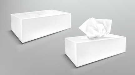 Paper napkin box mockup, close and open blank packages with tissue wipes side view. Hygiene accessories, white carton packages isolated on grey background, realistic 3d vector illustration, mock up