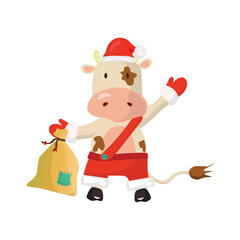 Christmas Santa bull holding a bag with gifts. Chinese new year 2021 symbol. Vector illustration.