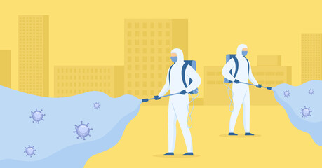 People in Protective Suit or Clothing, Spray to Cleaning and Disinfect Virus, Covid-19, Coronavirus Disease, Preventive Measures