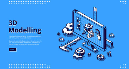 3d modelling isometric landing page. Cad engineer model project on computer desktop screen with construction supplies around. Software program for pc, technical blueprint, vector line art web banner - obrazy, fototapety, plakaty