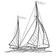 sketch of sailing ship, coloring book, isolated object on white background, vector illustration,