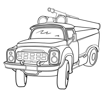 sketch of a fire truck, coloring book, isolated object on white background, vector illustration,