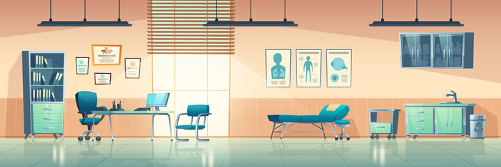 Medical office interior, empty clinic room with doctor stuff, hospital with couch, chair and washbasin, locker for medicine, table, computer and medical aid banners on wall cartoon vector illustration
