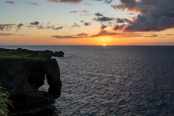 Fototapeta na wymiar Coastal landscape, Sunset at Cape Manzamo in Okinawa Prefecture, Japan