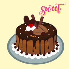 Melted chocolate cake with cherries and macaroons on a plate. vector illustration. birthday cakes