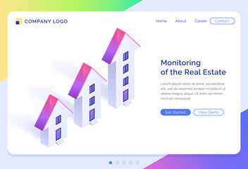 Fototapeta premium Monitoring of real estate banner. Concept of rising price of buildings and apartments, property investment. Vector landing page of real estate management with isometric houses illustration