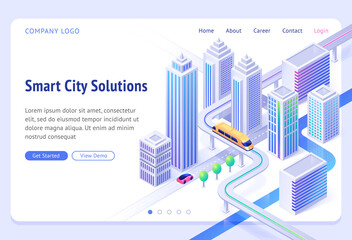 Smart city solutions banner. Sustainable development, urban infrastructure innovation. Vector landing page with isometric illustration of modern town with skyscrapers, monorail train and car road