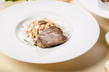 Close-up beef with rice in a creamy mushroom sauce.