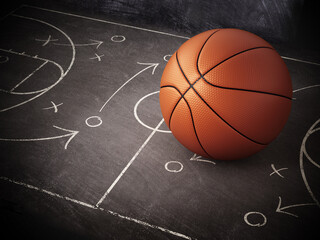 Fototapeta premium Basketball standing on game strategy blackboard. 3D illustration