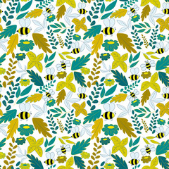 Seamless pattern with bees, leaves and flowers. Natural background in green and yellow colors. Vector illustration template for wrapping paper, textiles, clothes, baby supplies