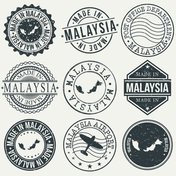 Malaysia Set of Stamps. Travel Stamp. Made In Product. Design Seals Old Style Insignia.