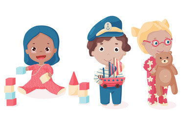 Vector set of cute little kids with toys. 