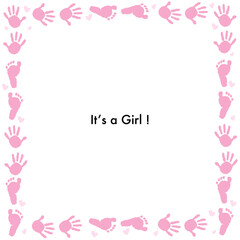 It's a girl. Frame made of baby hand and foot prints. Baby shower theme. Baby girl, baby boy symbols