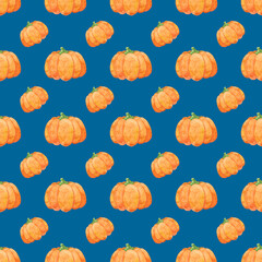 Watercolor pumpkin seamless pattern on a blue background. Orange hand-drawn pumpkin endless print for your design. Cute autumn and Halloween symbol repeat wallpaper.