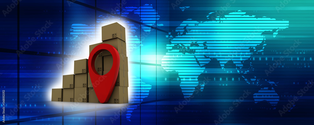 Fototapete 3d rendering Red map pointer in card box
