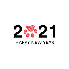 2021 text with doodle red paw print. Happy new year and merry Christmas greeting card