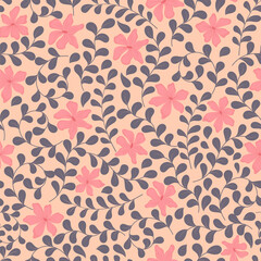 Vector illustration of a seamless floral pattern for background curved twigs with leaves and delicate flowers.