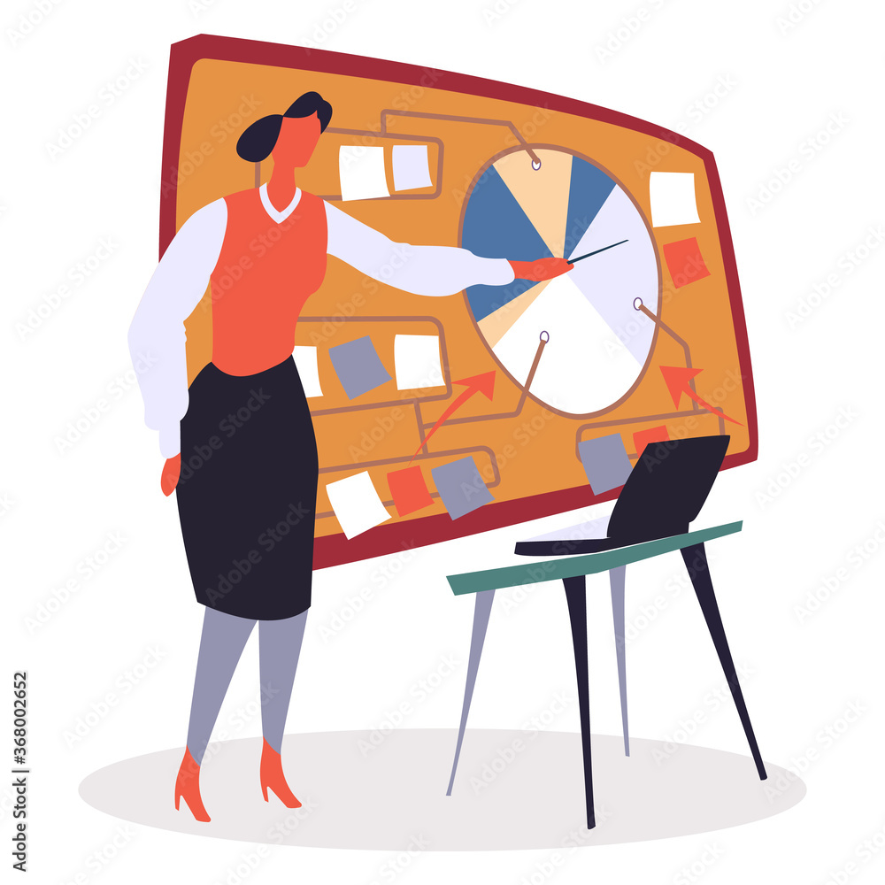 Poster Businesswoman giving seminar, explaining diagram vector illustration. Presenter in office, business education. Coach on courses for data analysis beginners. Table with computer, presentation with info