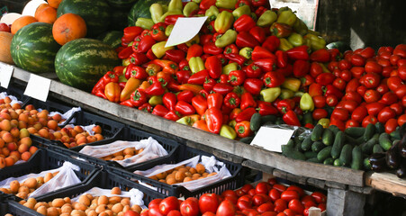 harvest of bulgarian peppers, apricots,cucumber,tomatoes on bazaar