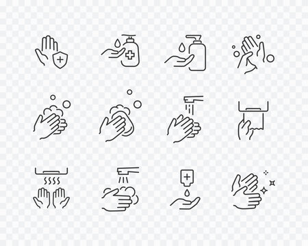 Icon set of disease prevention protect. Vector sanitizer, antiseptic, antibacterial symbols. Healthcare wash hands process with rinse water, tap, soap, towel and safety signs