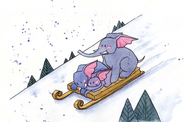 Watercolor illustration of elephant family winter activities. Parents and baby elephant are sledging