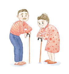 Watercolor illustration of elderly couple (wife and husband). Grandmother and grandfather characters