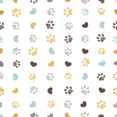 Doodle grey, yellow, turquoise small paw prints with hearts seamless fabric design pattern vector