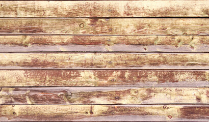 Old wood paneling. Peeled paint in beige and olive shades. Brown wood.Cracks and chips.Wood texture close-up.