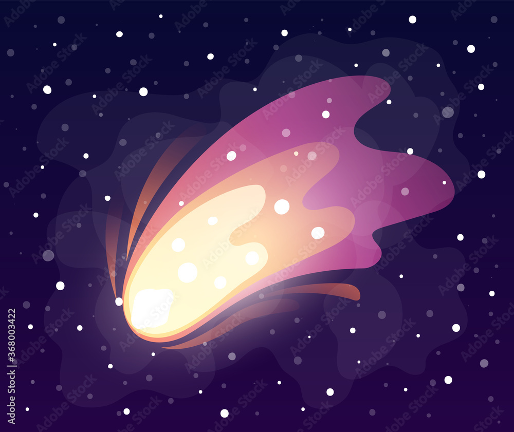Poster space meteorite or comet at bright stars background. concept of space icon for computer game. space 