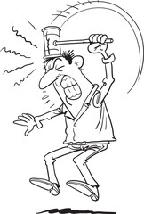Man in  hammer hitting on his head.