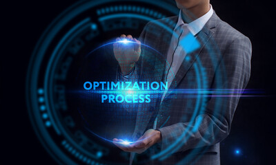 Business, Technology, Internet and network concept. Young businessman working on a virtual screen of the future and sees the inscription: Optimization process