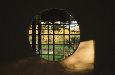 Round window in Japanese garden