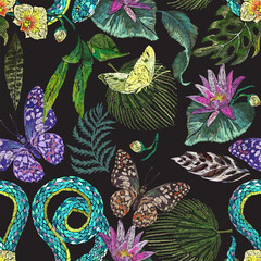 Embroidery with exotic floral pattern with butterflies, snake and tropical flowers. Vector seamless embroidered pattern for fashion design.