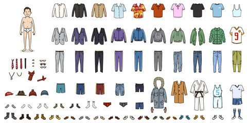 Dress Up the Character. Cartoon Man with Big Variations of Clothes.
