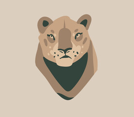 Hand drawn flat vector stock abstract graphic illustration with African wild lioness head cartoon animal design isolated on background