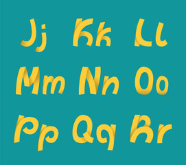 Vector font of yellow ribbon for logo and text on emerald background. Alphabet letters.