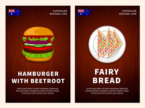 Australian cuisine, traditional food, national dishes on a wooden table. Hamburger with beetroot, Fairy bread. Top view. Template for vertical web banner, menu. Flat vector illustration.