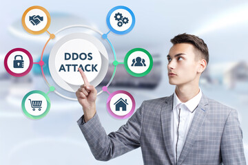 Business, Technology, Internet and network concept. Young businessman working on a virtual screen of the future and sees the inscription: Ddos attack