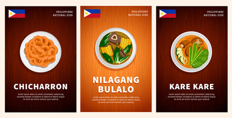 Naklejka premium Philippine cuisine, traditional food, national dishes on a wooden table. Chicharron, Nilagang Bulalo, Kare Kare. Top view. Template for vertical web banner, menu. Flat vector illustration.
