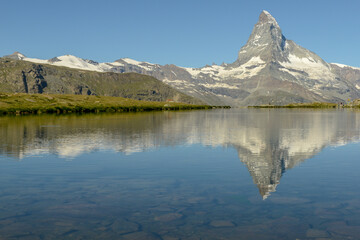 Lake Stellisee and mount Matterhorn at Zermatt on the Swiss Alps