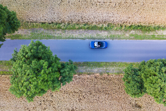 Convertible Car Countryside Road Trip Aerial View