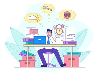 Procrastination concept with businessman daydreaming about matters unrelated to his work as the tasks pile up, colored vector illustration