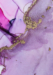 Luxury abstract fluid art painting background alcohol ink technique purple and gold. Modern contemporary art. Part of original alcohol ink painting. Hand painted ink texture. Card Background