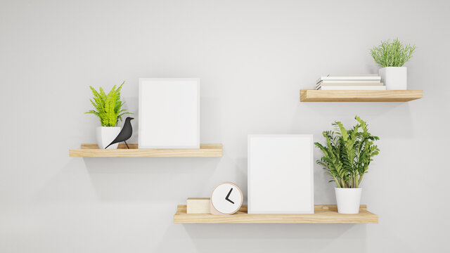 Plant in flower pot near empty picture frame. 3d rendering of white home interior with wooden shelves on wall.