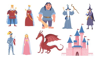 Set of eight characters for fairy tales with king, queen, ogre, wizard, dragon, knight, maiden and castle, colored vector illustration