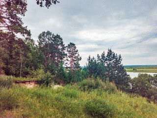 A beautiful view from a high hill to the endless field with a pond and trees in the distance.