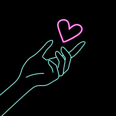 glowing neon hand with a heart