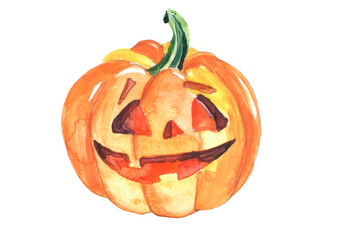 Orange pumpkin watercolor. Pumpkin for Halloween, for a holiday. Night party. Sinister pumpkin. On isolated  background. Watercolor postcard, illustration, logo