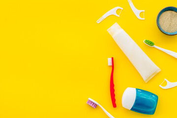 Stomatology health care pattern. Flat lay, above view