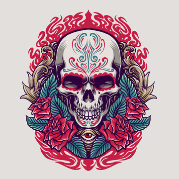 Dia de Los Muertos Mexican skull illustration for merchandise clothing line your brands 